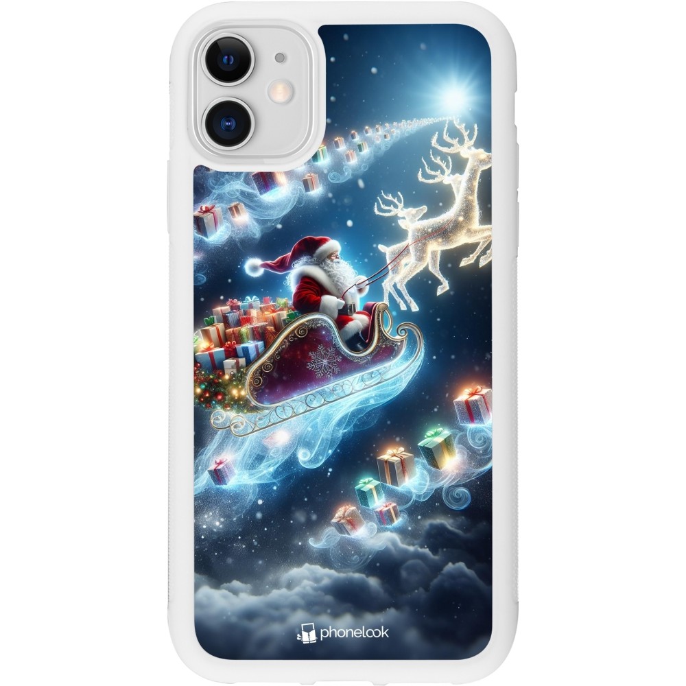 Coque iPhone 11 - Silicone rigide blanc Noël 2023 Père Noël enchanté