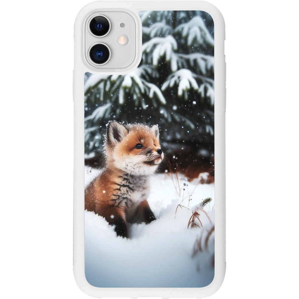 Coque iPhone 11 - Silicone rigide blanc Noël 2023 Renardeau sapin