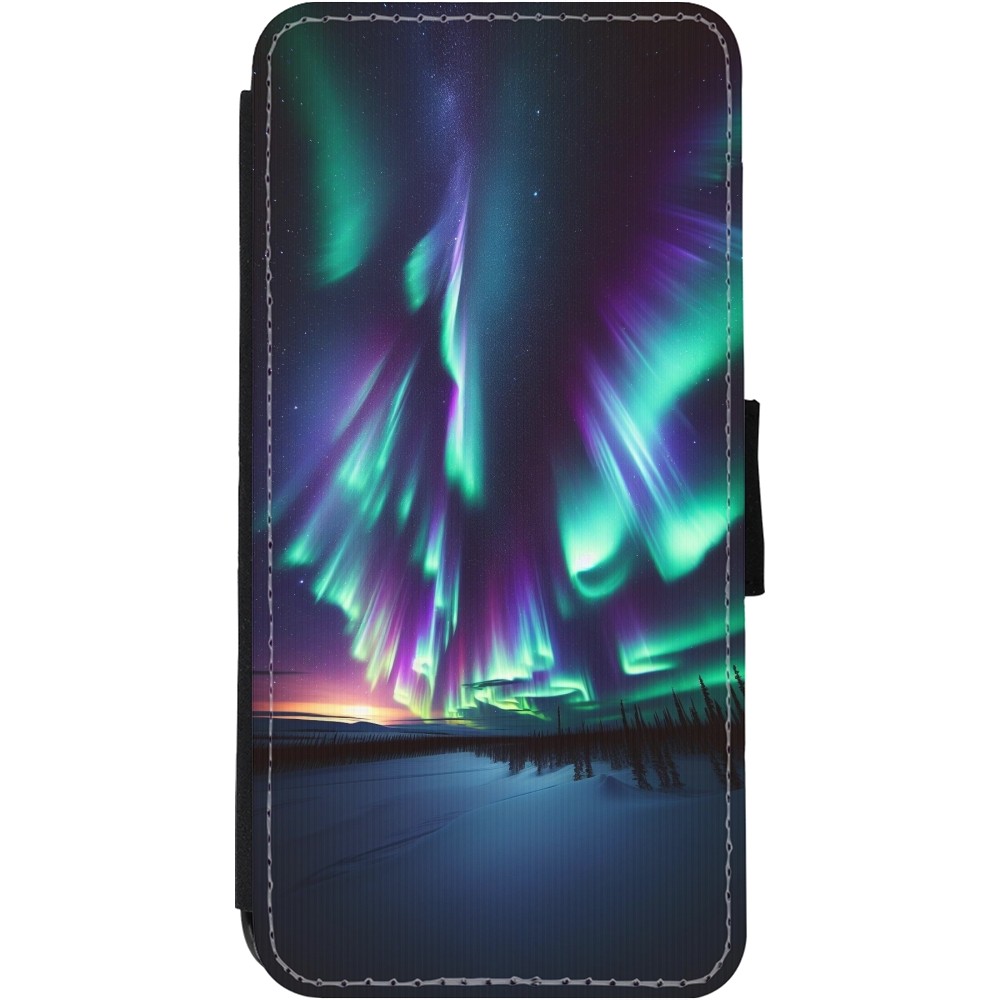 Coque iPhone 11 - Wallet noir Aurore Boréale Étincelante