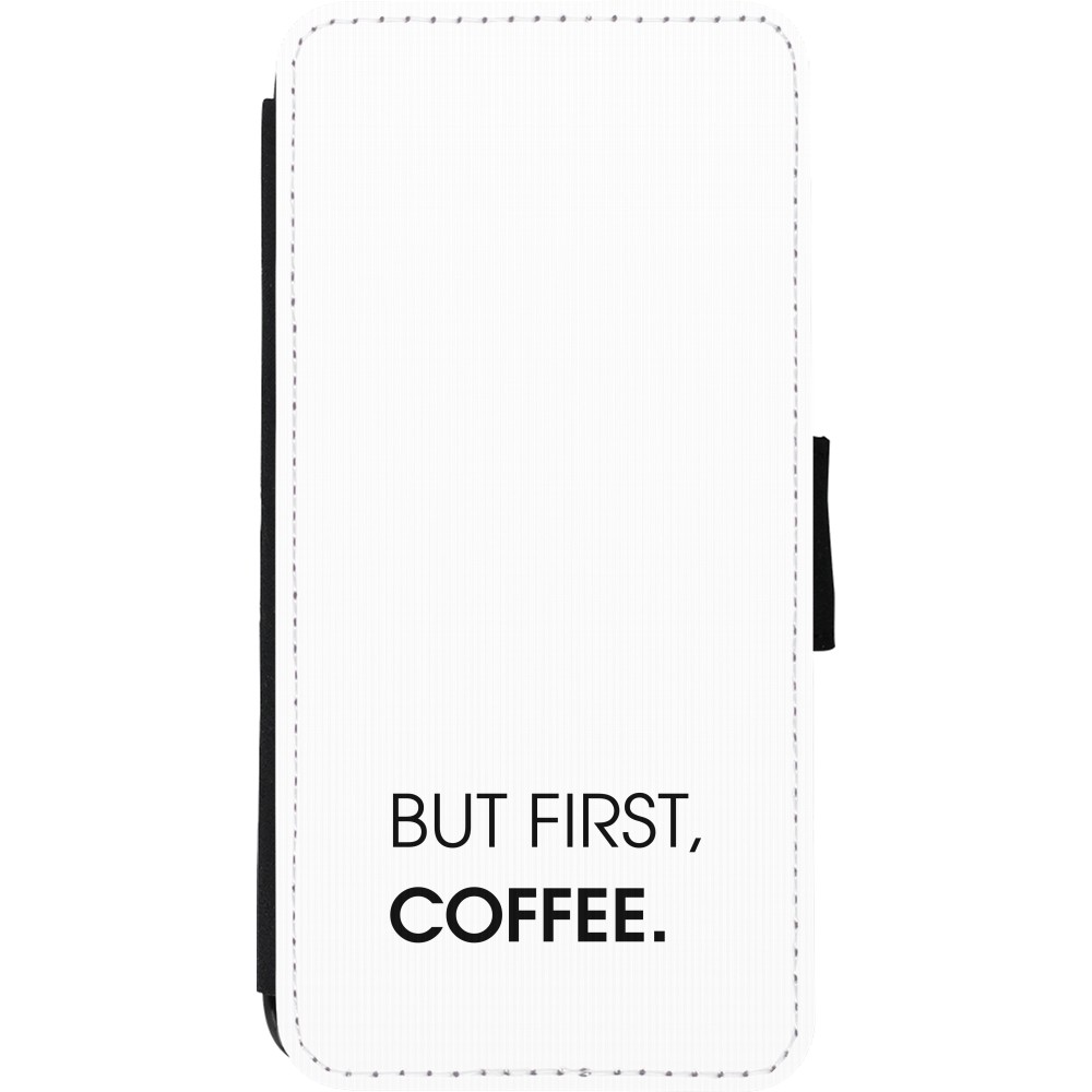 Coque iPhone 11 - Wallet noir But first Coffee