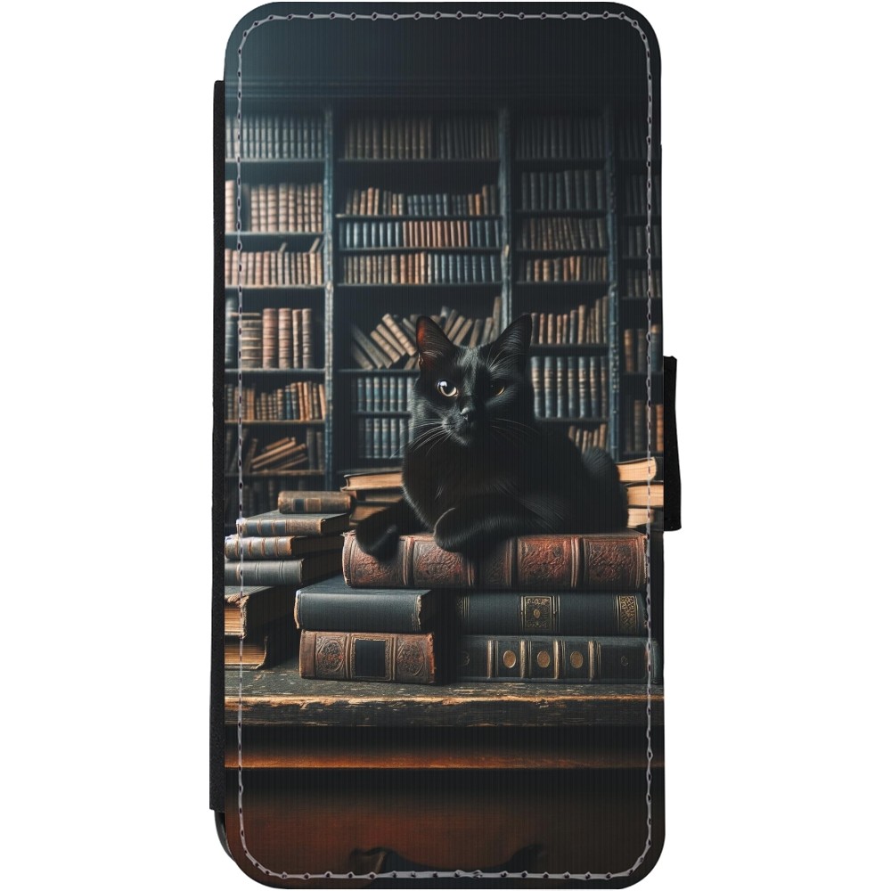 Coque iPhone 11 - Wallet noir Chat livres sombres