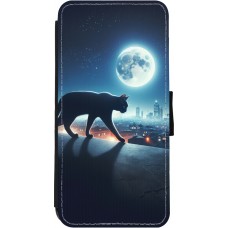 Coque iPhone 11 - Wallet noir Chat noir sous la pleine lune