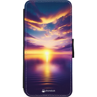 Coque iPhone 11 - Wallet noir Coucher soleil jaune violet