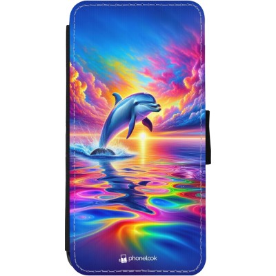 Coque iPhone 11 - Wallet noir Dauphin arc-en-ciel heureux