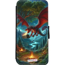 Coque iPhone 11 - Wallet noir Dragon Volant Forêt Trésor