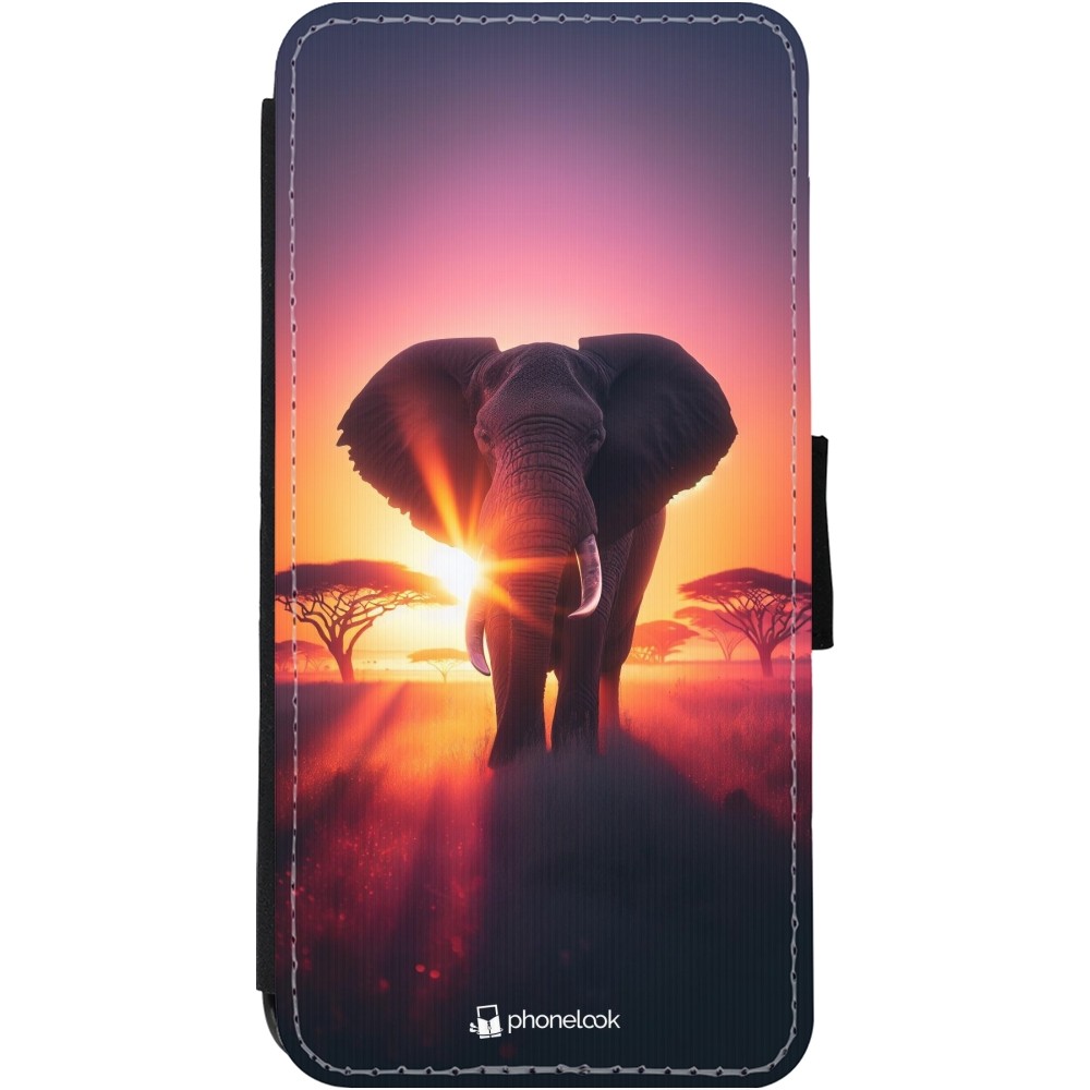 Coque iPhone 11 - Wallet noir Elephant Sunrise Beauty