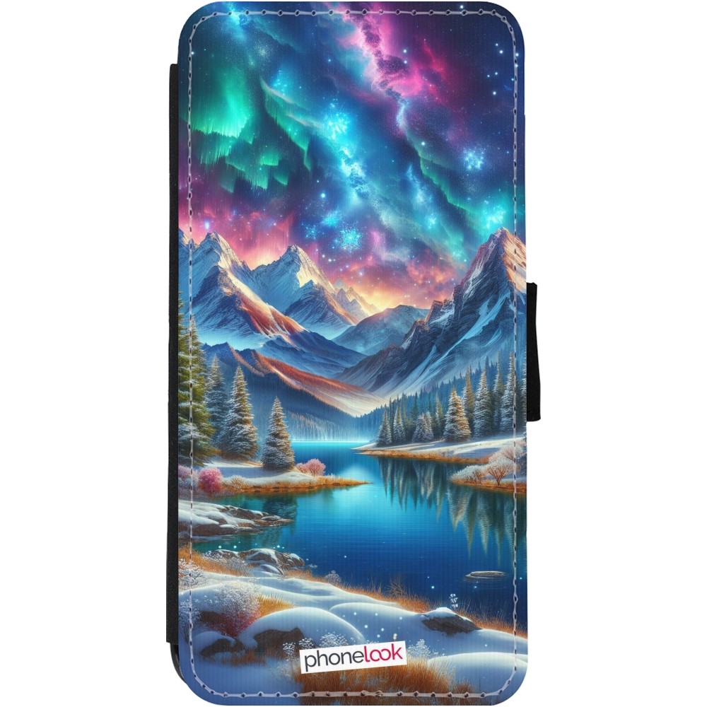 Coque iPhone 11 - Wallet noir Fantasy Mountain Lake Sky Stars