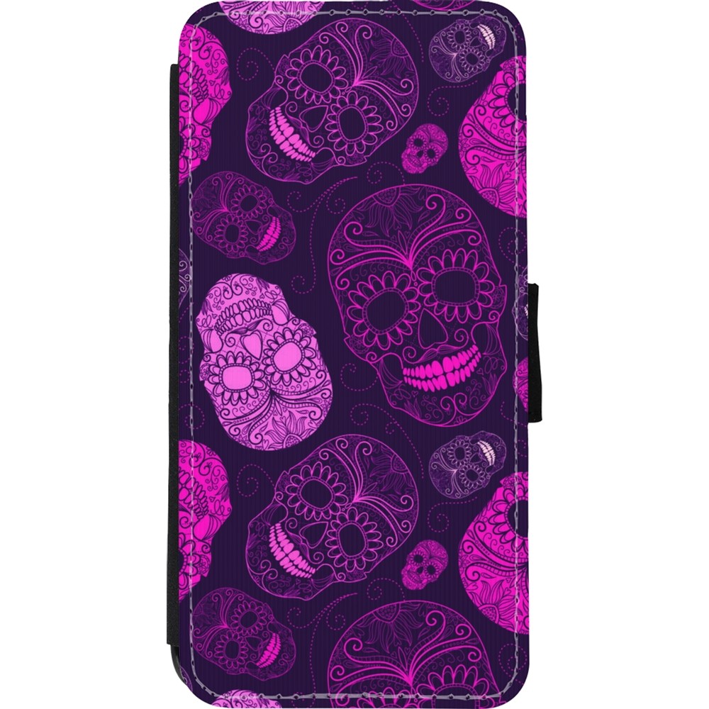 Coque iPhone 11 - Wallet noir Halloween 2023 pink skulls