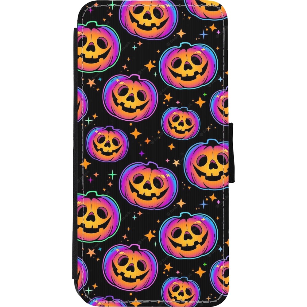 Coque iPhone 11 - Wallet noir Halloween 2024 rainbow pumpkins