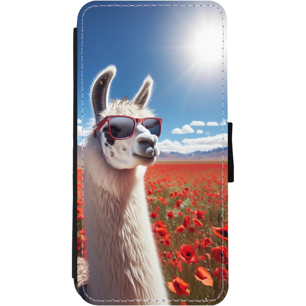 Coque iPhone 11 - Wallet noir Lama Chic en Coquelicot