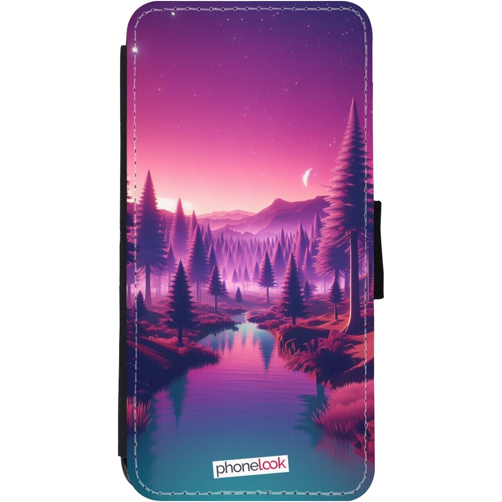 Coque iPhone 11 - Wallet noir Paysage Violet-Rose