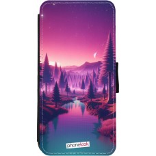 Coque iPhone 11 - Wallet noir Paysage Violet-Rose