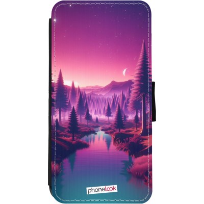 Coque iPhone 11 - Wallet noir Paysage Violet-Rose