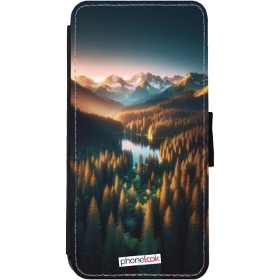 Coque iPhone 11 - Wallet noir Sunset Forest Lake