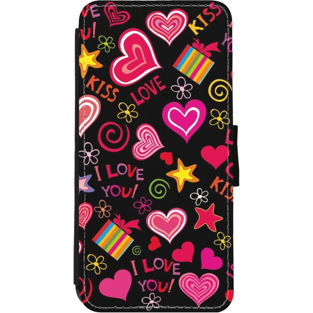 Coque iPhone 11 - Wallet noir Valentine 2023 love symbols