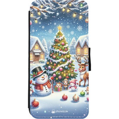 Coque iPhone 11 - Wallet noir Noël 2023 bonhomme de neige et sapin