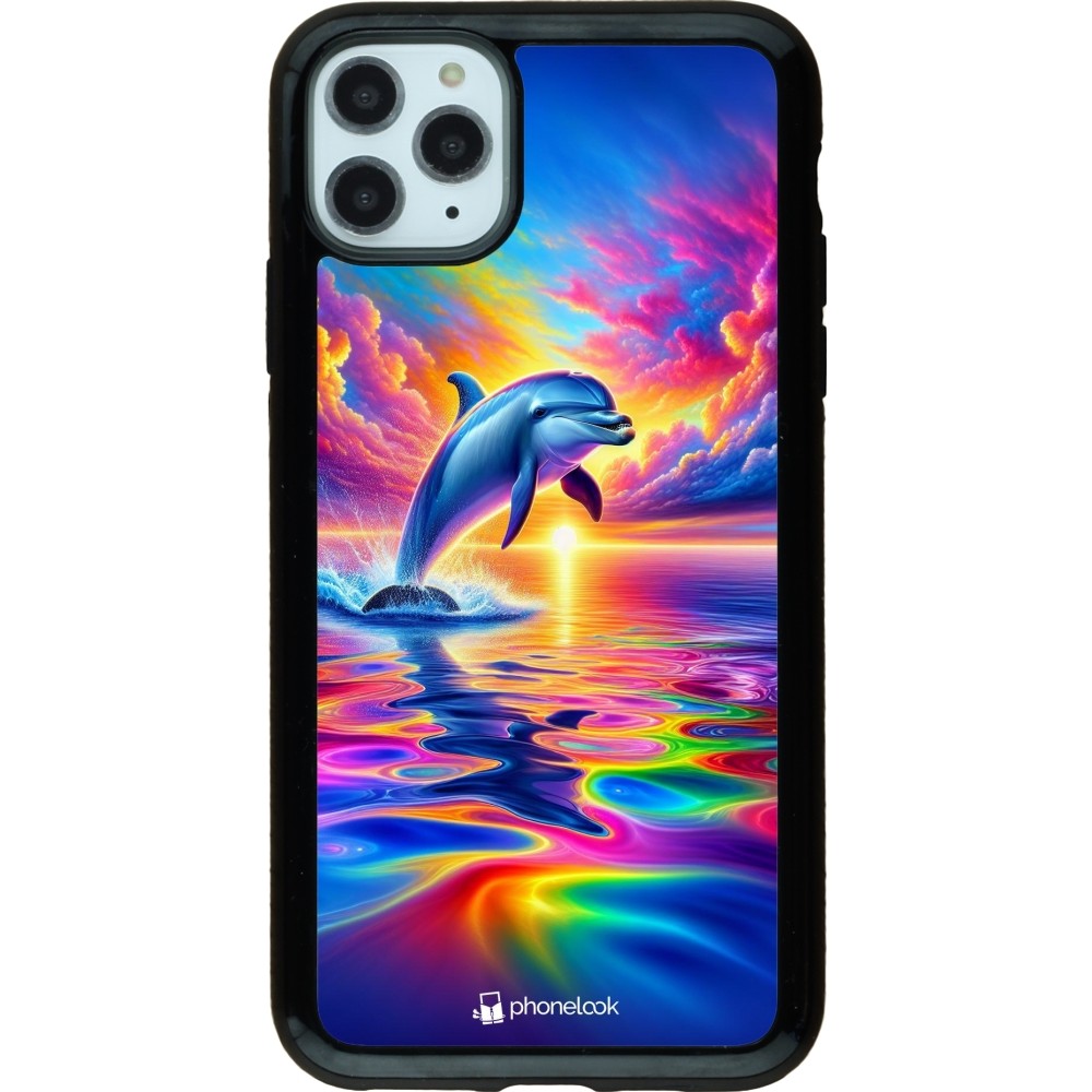 Coque iPhone 11 Pro Max - Hybrid Armor noir Dauphin arc-en-ciel heureux