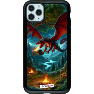 Coque iPhone 11 Pro Max - Hybrid Armor noir Dragon Volant Forêt Trésor