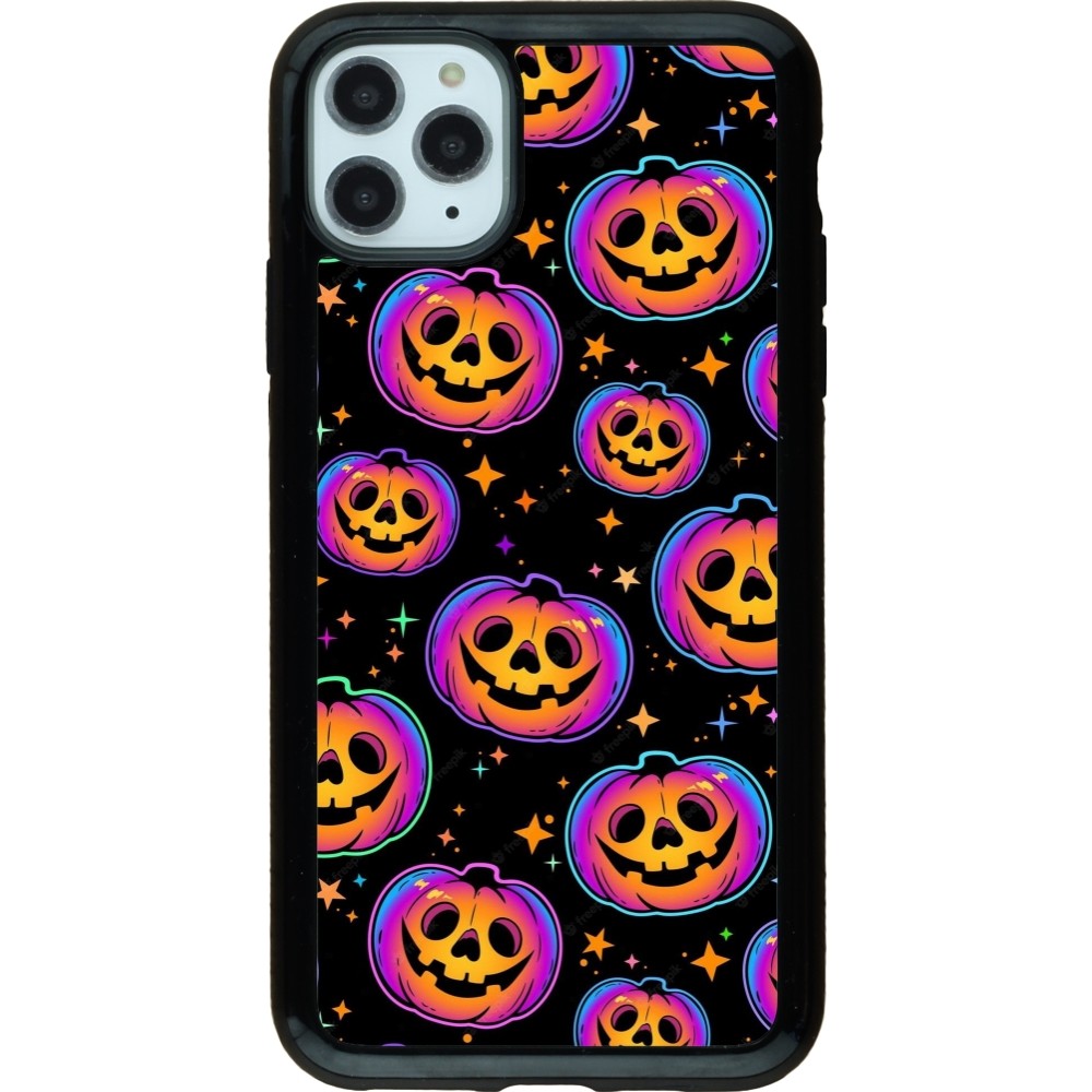 Coque iPhone 11 Pro Max - Hybrid Armor noir Halloween 2024 rainbow pumpkins