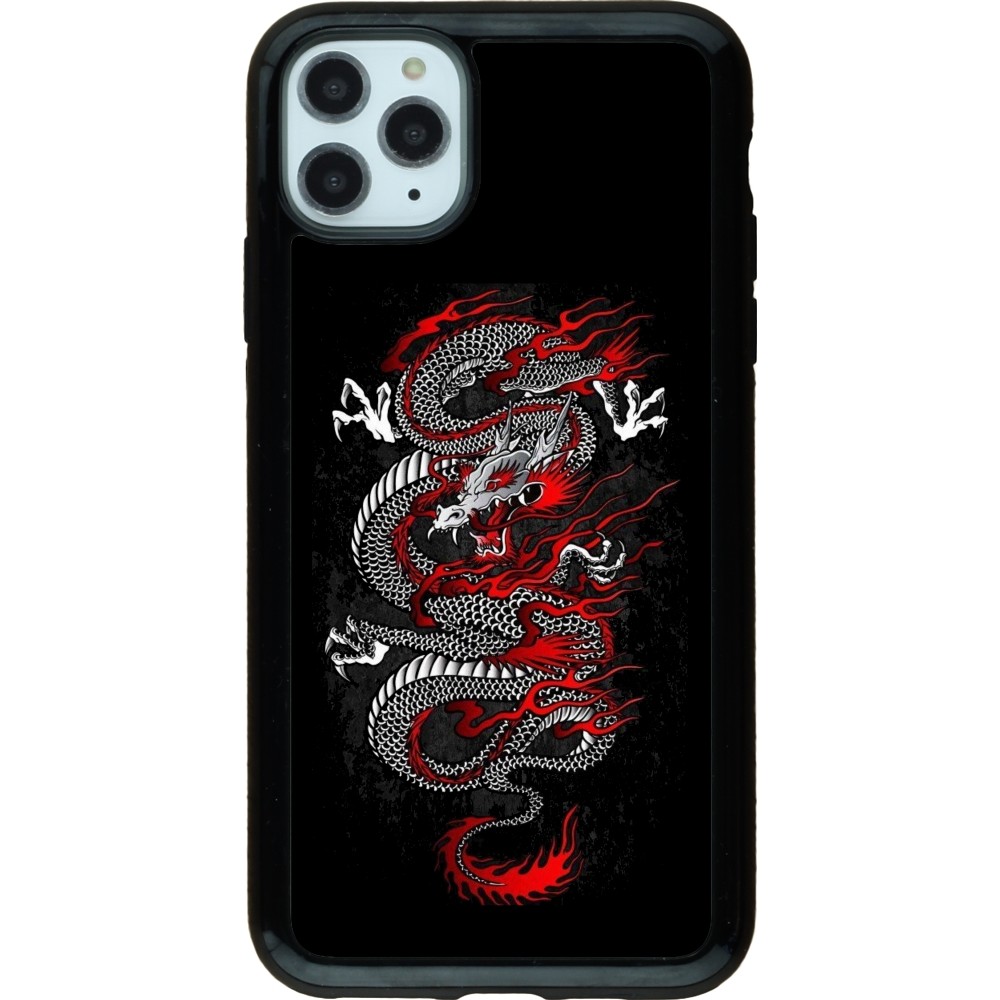 Coque iPhone 11 Pro Max - Hybrid Armor noir Japanese style Dragon Tattoo Red Black