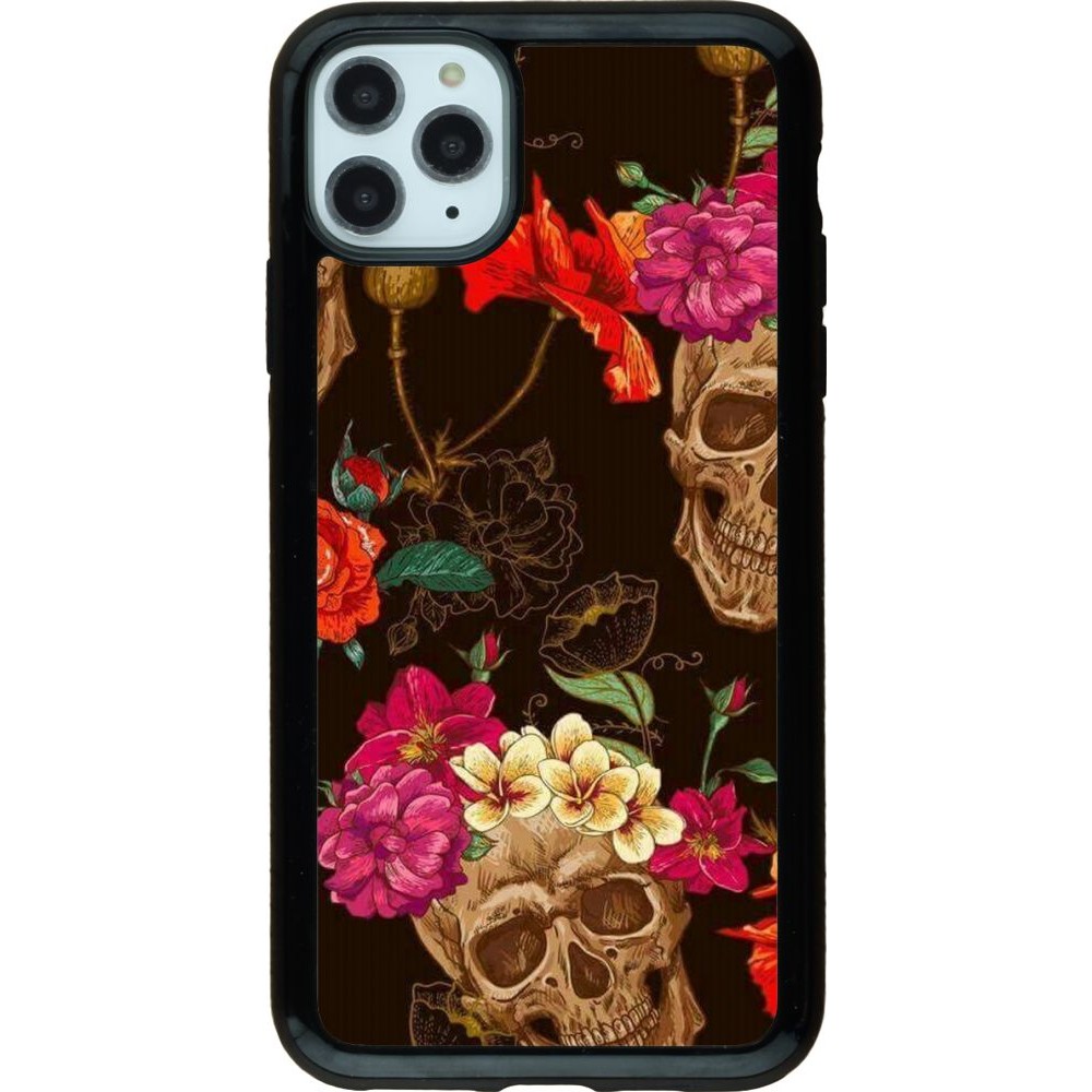 Coque iPhone 11 Pro Max - Hybrid Armor noir Skulls and flowers