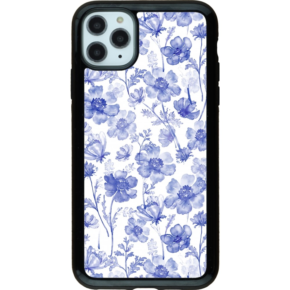 Coque iPhone 11 Pro Max - Hybrid Armor noir Spring 23 watercolor blue flowers