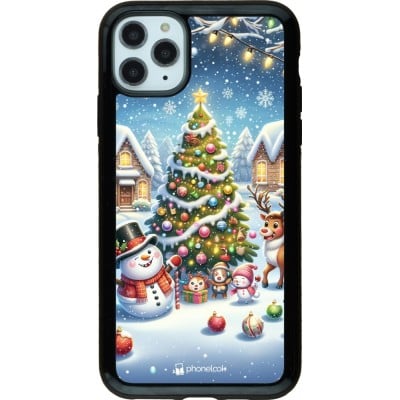 Coque iPhone 11 Pro Max - Hybrid Armor noir Noël 2023 bonhomme de neige et sapin