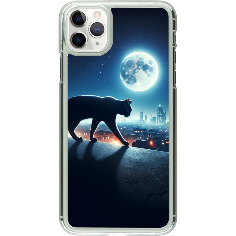 Coque iPhone 11 Pro Max - Plastique transparent Chat noir sous la pleine lune