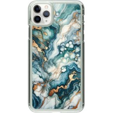 Coque iPhone 11 Pro Max - Plastique transparent Marbre Vert Bleu Doré