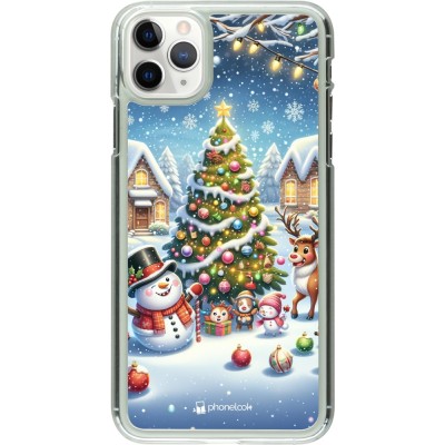 Coque iPhone 11 Pro Max - Plastique transparent Noël 2023 bonhomme de neige et sapin