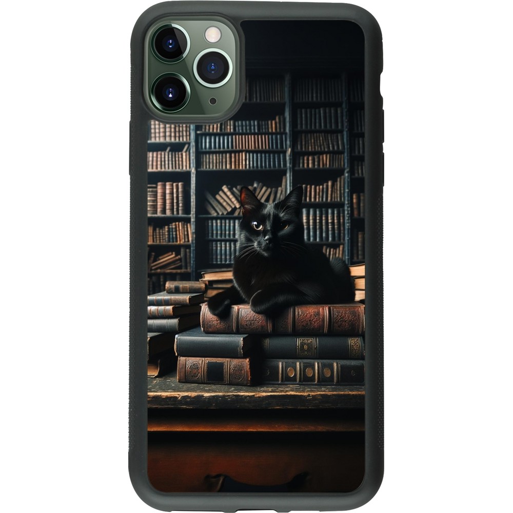 Coque iPhone 11 Pro Max - Silicone rigide noir Chat livres sombres