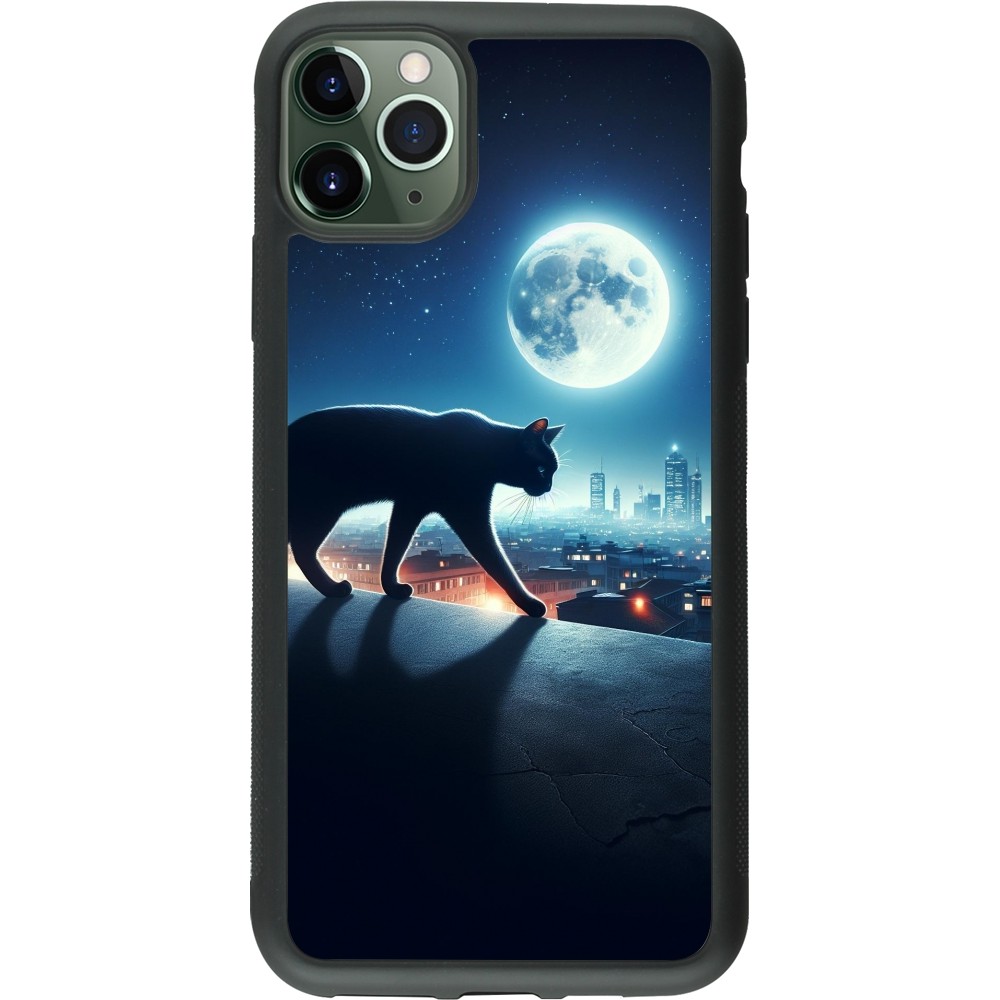 Coque iPhone 11 Pro Max - Silicone rigide noir Chat noir sous la pleine lune