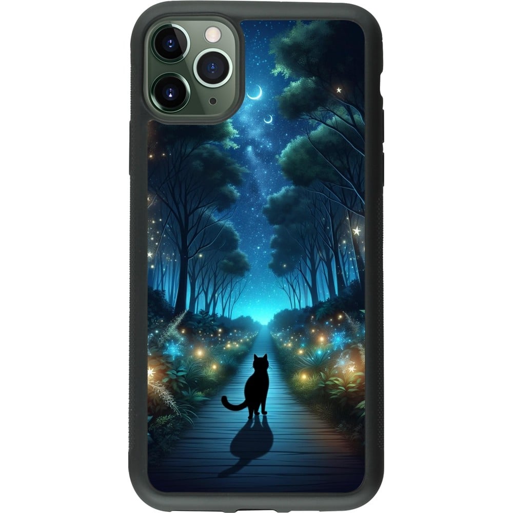 Coque iPhone 11 Pro Max - Silicone rigide noir Chat noir promenade