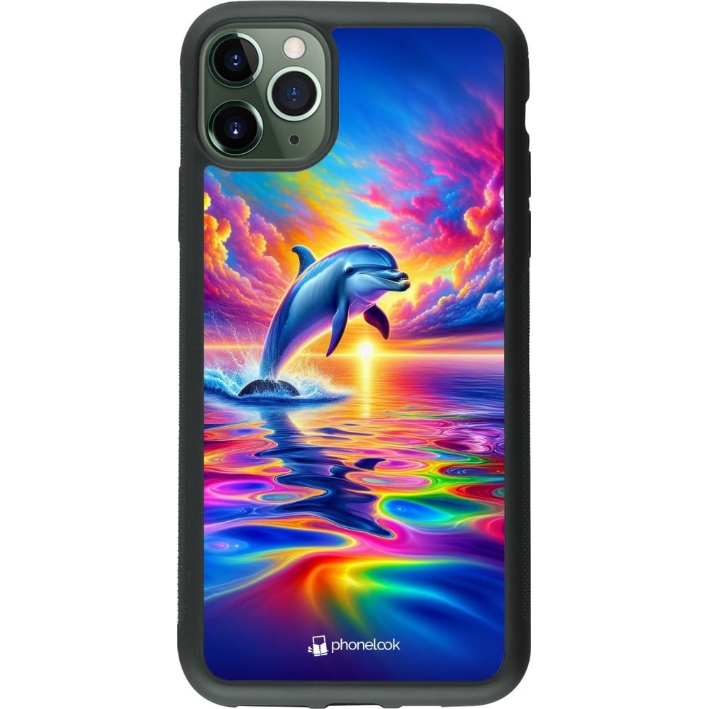 Coque iPhone 11 Pro Max - Silicone rigide noir Dauphin arc-en-ciel heureux