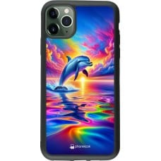 Coque iPhone 11 Pro Max - Silicone rigide noir Dauphin arc-en-ciel heureux