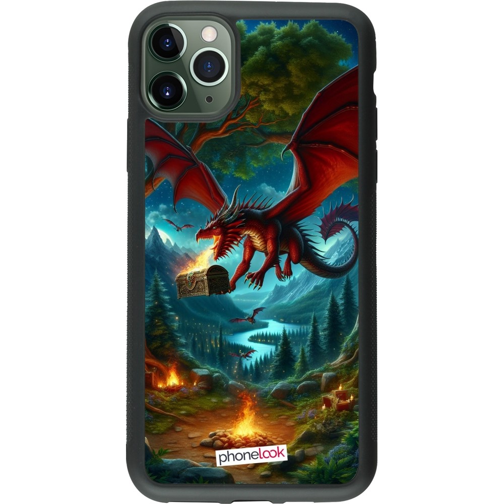 Coque iPhone 11 Pro Max - Silicone rigide noir Dragon Volant Forêt Trésor