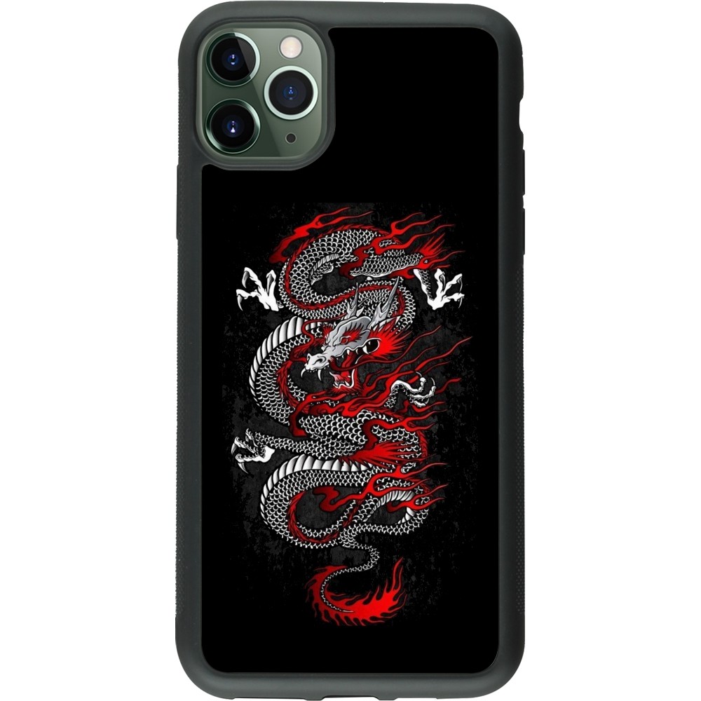 Coque iPhone 11 Pro Max - Silicone rigide noir Japanese style Dragon Tattoo Red Black