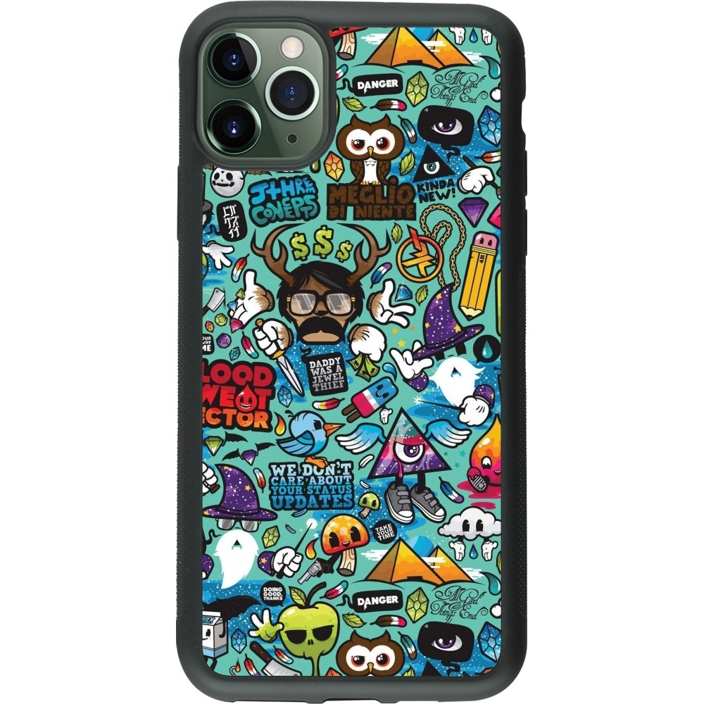 Coque iPhone 11 Pro Max - Silicone rigide noir Mixed Cartoons Turquoise