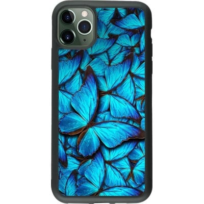 Coque iPhone 11 Pro Max - Silicone rigide noir Papillon - Bleu