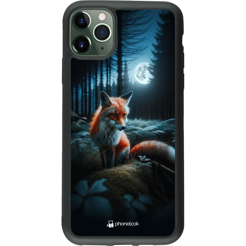 Coque iPhone 11 Pro Max - Silicone rigide noir Renard lune forêt