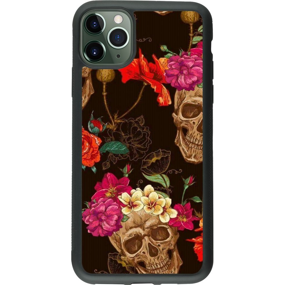 Coque iPhone 11 Pro Max - Silicone rigide noir Skulls and flowers