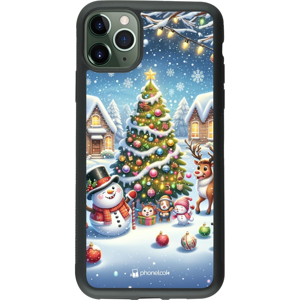 Coque iPhone 11 Pro Max - Silicone rigide noir Noël 2023 bonhomme de neige et sapin