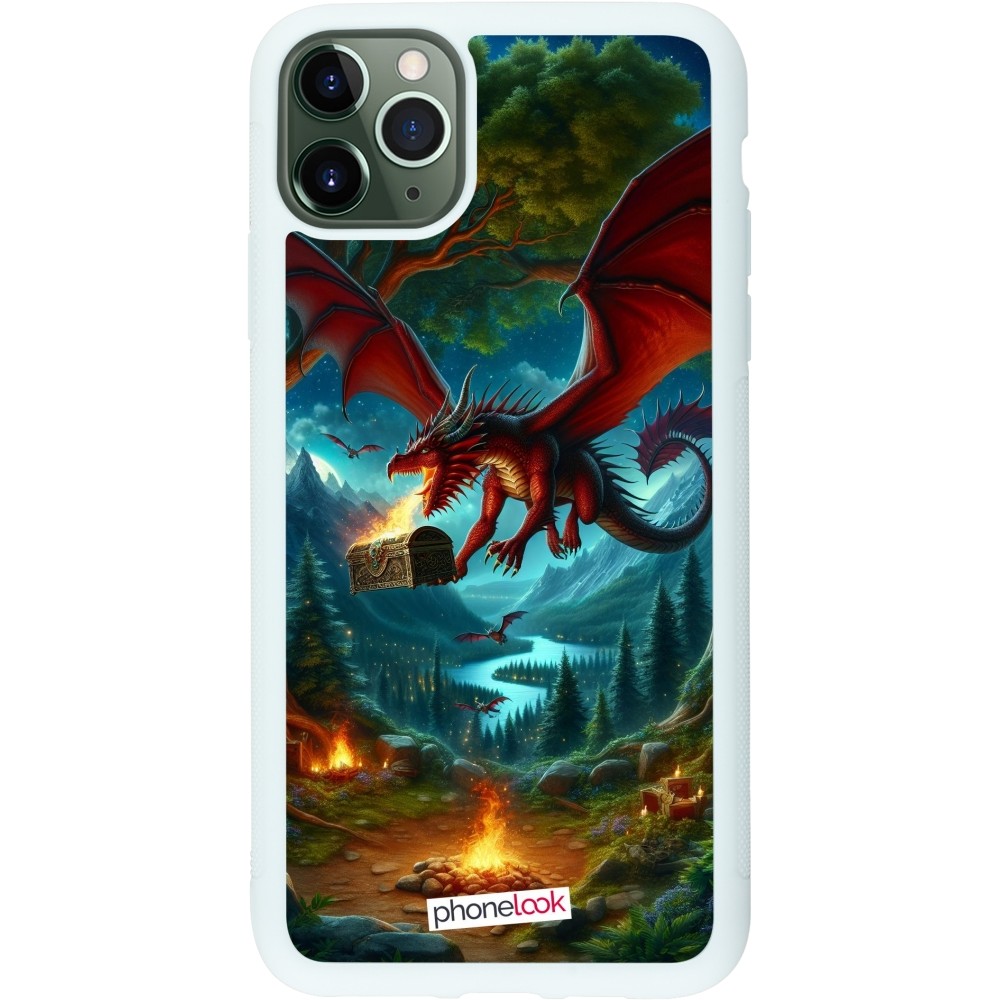 Coque iPhone 11 Pro Max - Silicone rigide blanc Dragon Volant Forêt Trésor