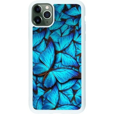 Coque iPhone 11 Pro Max - Silicone rigide blanc Papillon - Bleu