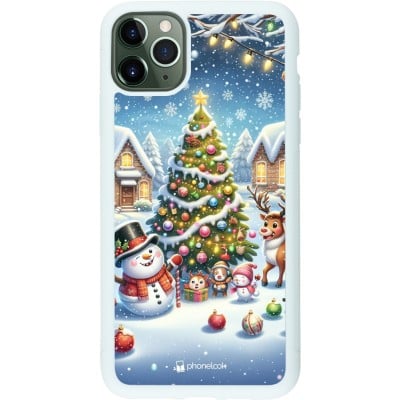 Coque iPhone 11 Pro Max - Silicone rigide blanc Noël 2023 bonhomme de neige et sapin