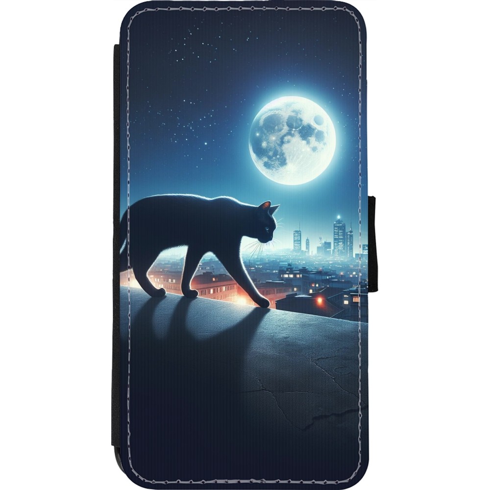 Coque iPhone 11 Pro Max - Wallet noir Chat noir sous la pleine lune