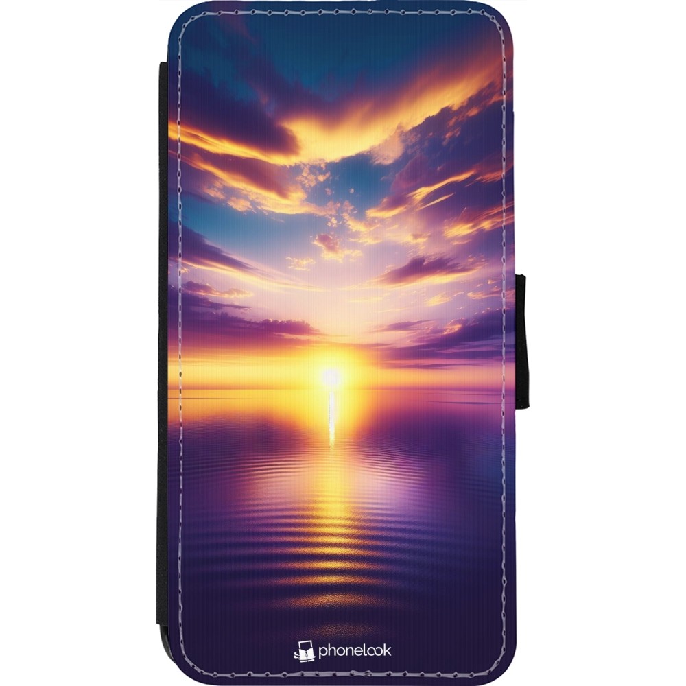 Coque iPhone 11 Pro Max - Wallet noir Coucher soleil jaune violet