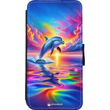 Coque iPhone 11 Pro Max - Wallet noir Dauphin arc-en-ciel heureux