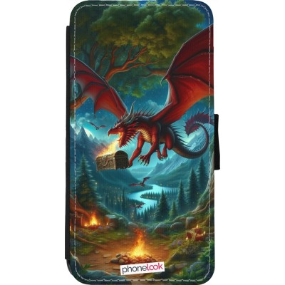 Coque iPhone 11 Pro Max - Wallet noir Dragon Volant Forêt Trésor