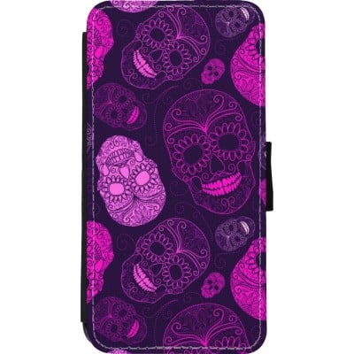 Coque iPhone 11 Pro Max - Wallet noir Halloween 2023 pink skulls